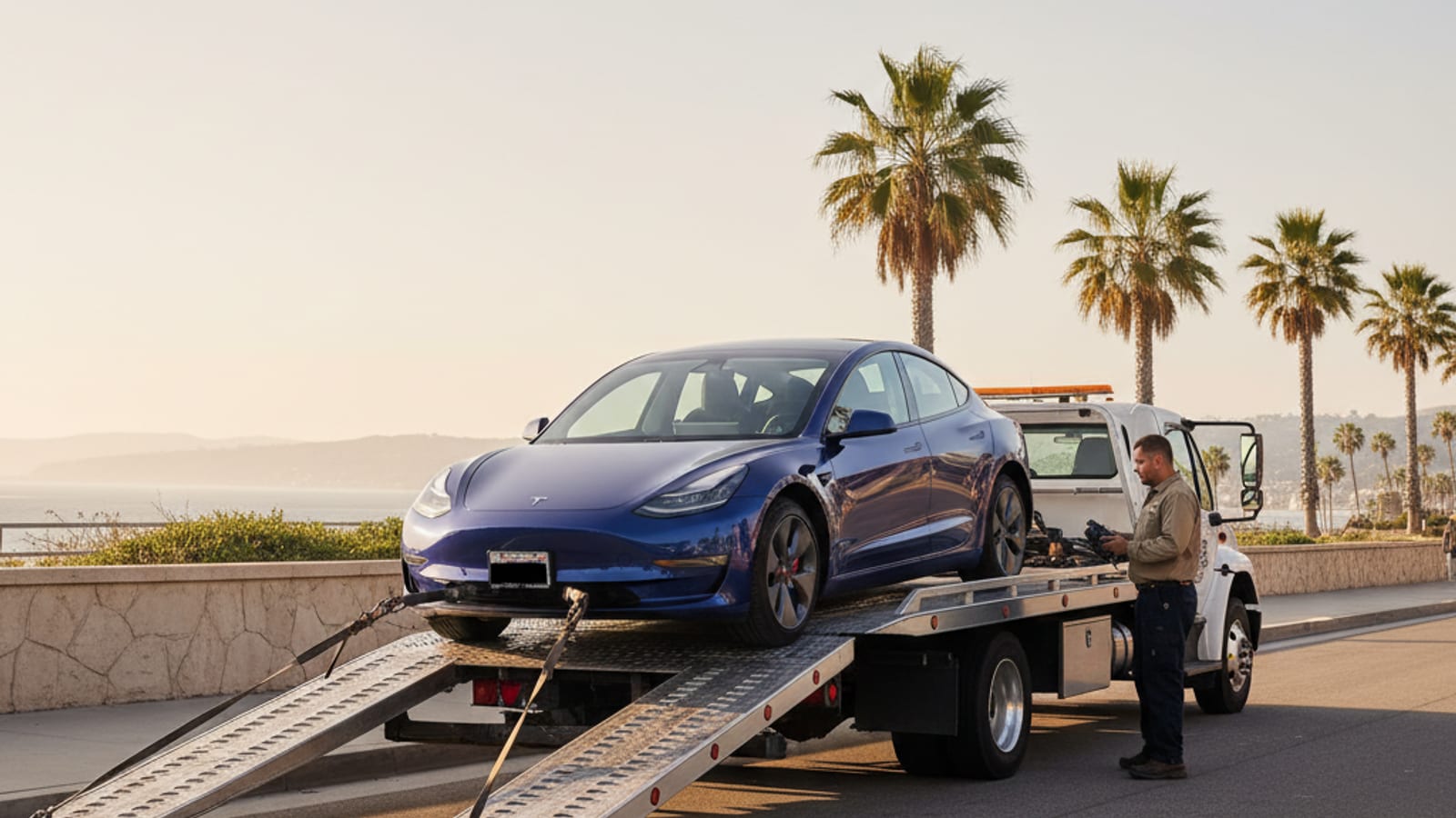 Flatbed tow truck behind a compact electric car on a dry Southern California freeway shoulder