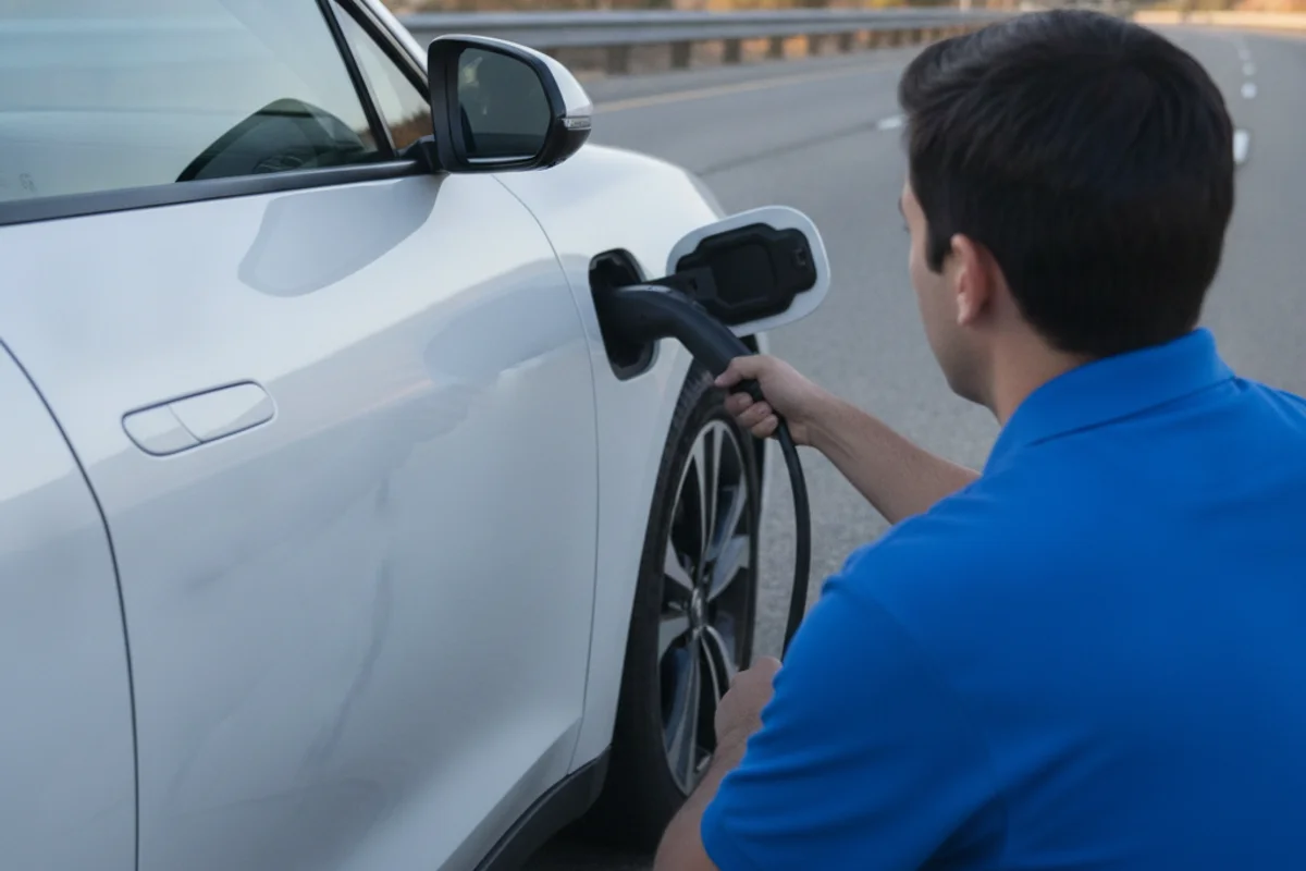 Technician kneeling at an EV charge port on a freeway shoulder, seating a charging connector