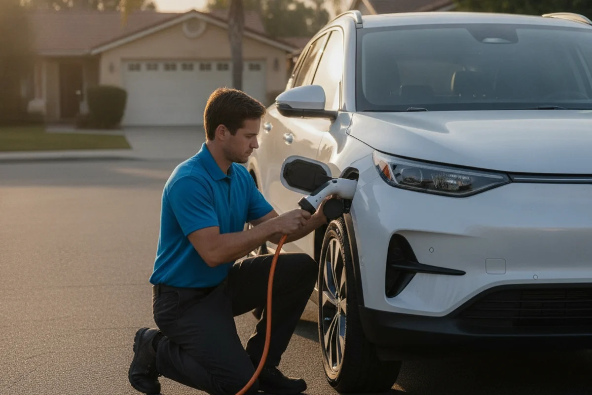 Technician kneeling beside an electric crossover on a suburban street, plugging in a portable charge cable