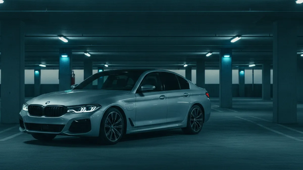 A luxury EV sedan in a parking structure with a dark dashboard after a 12V failure.