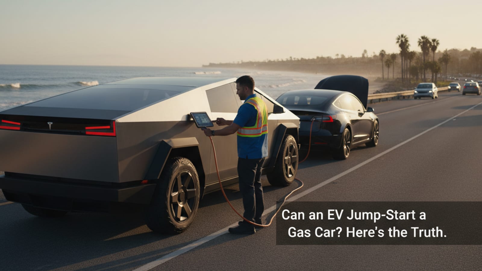 An electric car parked beside a gas pickup in a sunlit warehouse lot