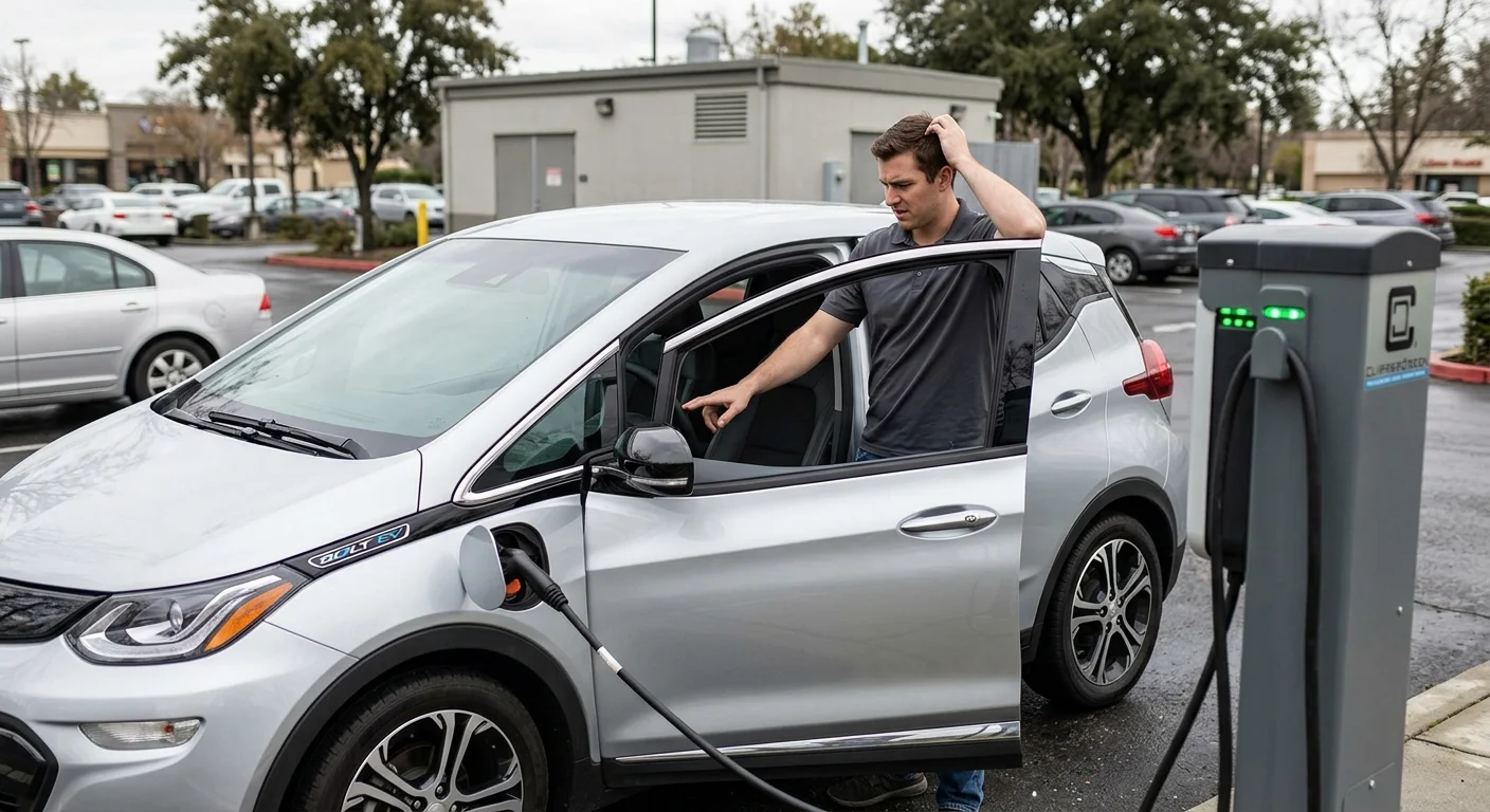 Driver checking a dark Chevy Bolt charge screen at a sunlit public stall