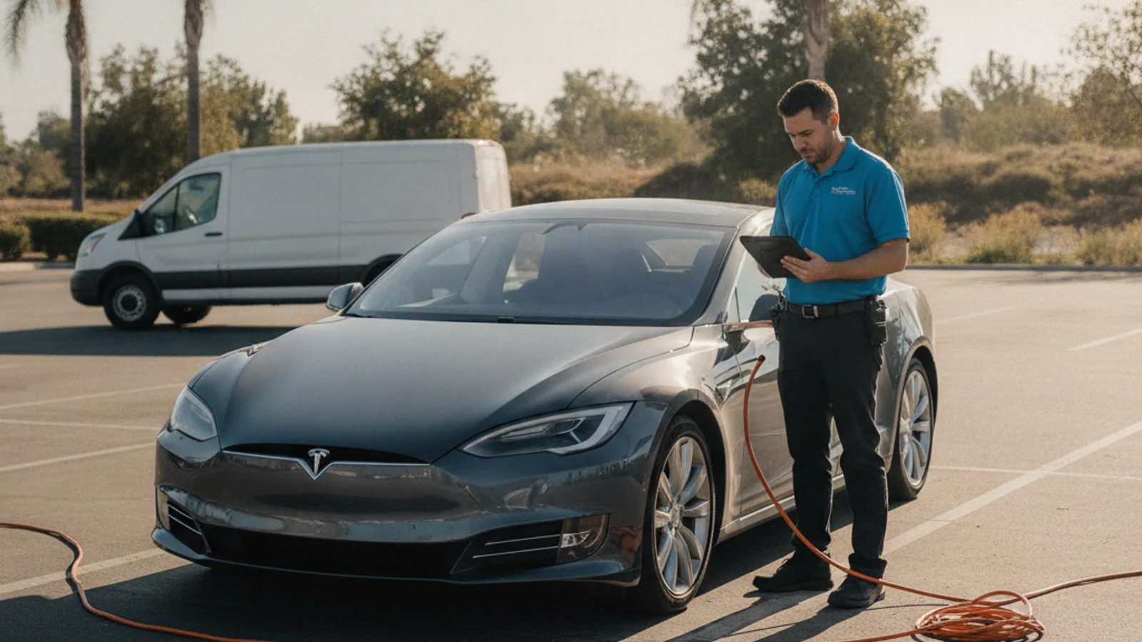 Tesla cars parked in sun on a dry Southern California lot with hills behind them