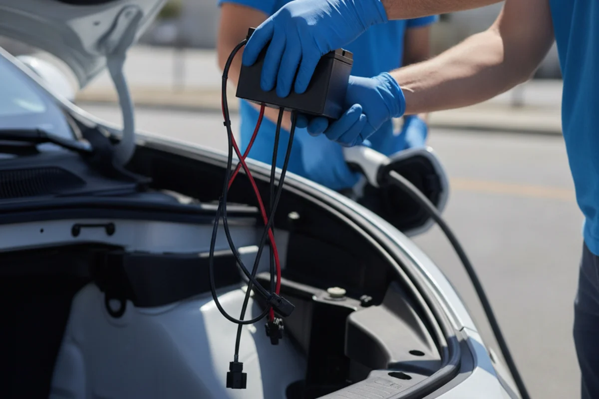 A small 12-volt battery lifted from an EV front compartment on a dry, sunlit Southern California lot