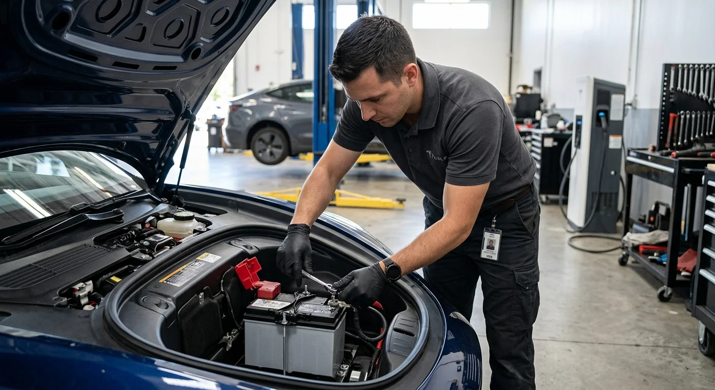 Gloved hands working a 12-volt battery in an EV front trunk under bright Southern California sun