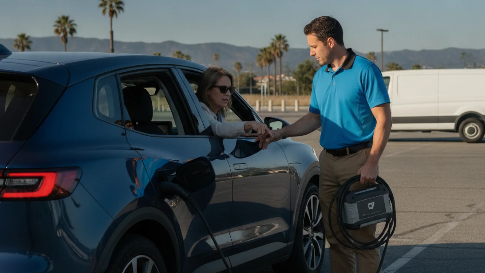 An electric car stopped on a freeway shoulder with hazard lights on under dry inland sun