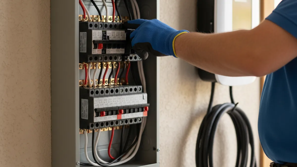 A 240-volt wall connector and charging cable mounted in a residential garage