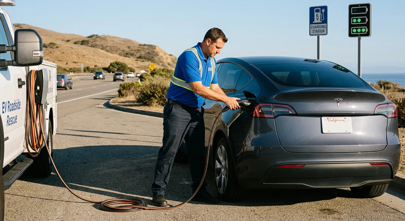 An EV on a dry inland shoulder in hard sun, beside a sign with three charging-level icons
