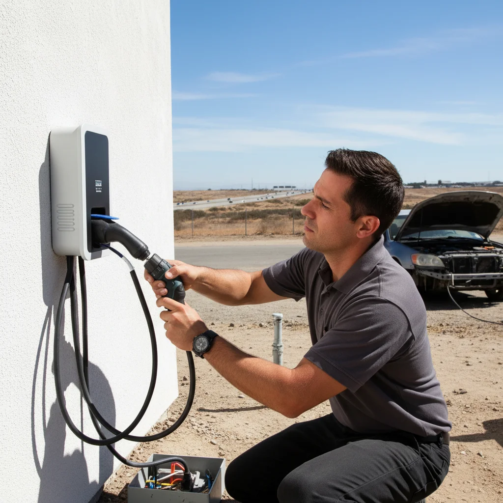 Close view of a charging cable plugged into an EV port on a highway shoulder with dry brush beyond