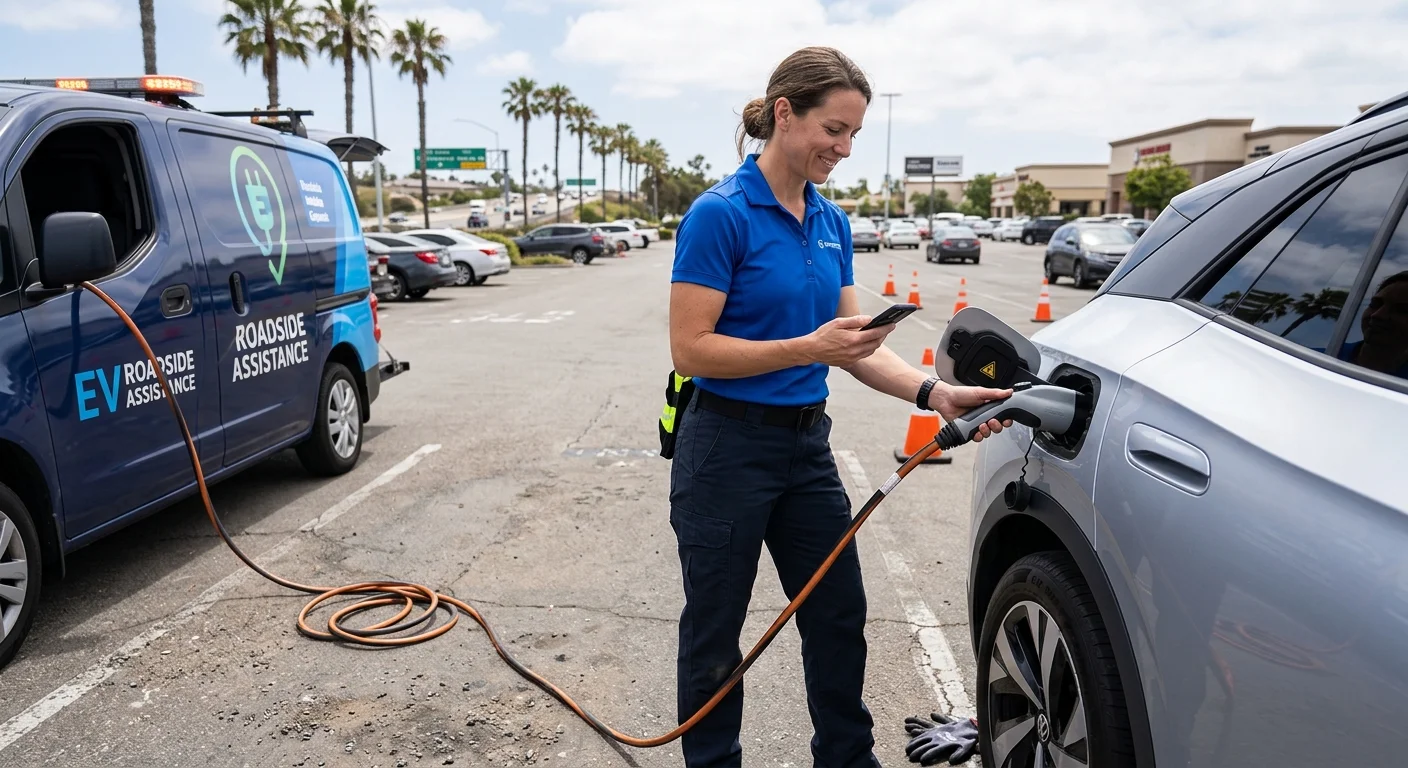 Driver beside an EV at a public charging cabinet, phone in hand, dry hills behind the lot