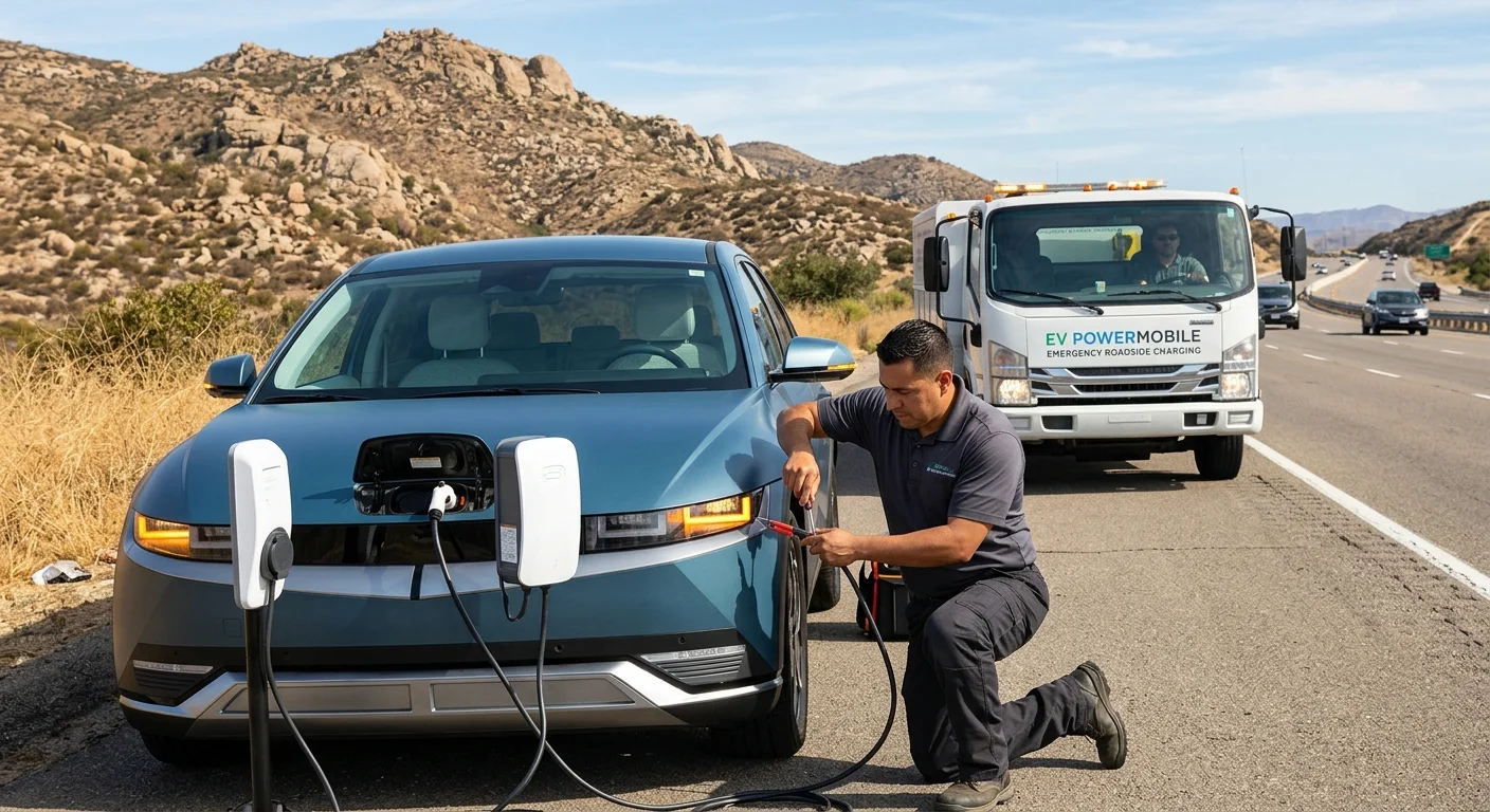 A technician kneels to plug a mobile charger into a Hyundai Ioniq 5 on a dry inland road shoulder, with a rescue truck parked behind the car.