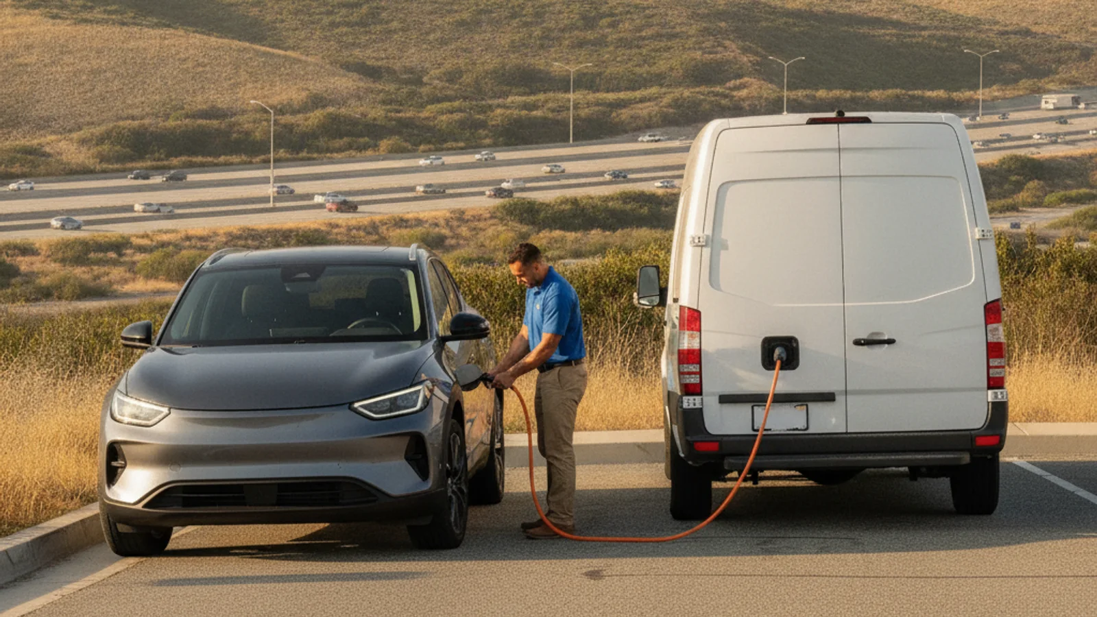 An electric car on a freeway shoulder beside rolling hills and a wide inland highway