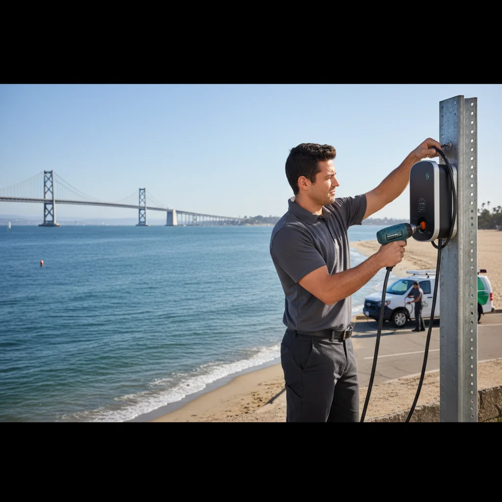 A silver Tesla stopped on a high Southern California bridge over open water