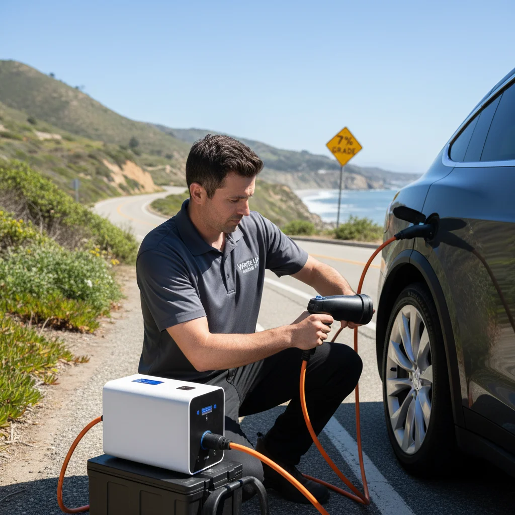 Close view of a charging connector locked into an EV charge port at the curb
