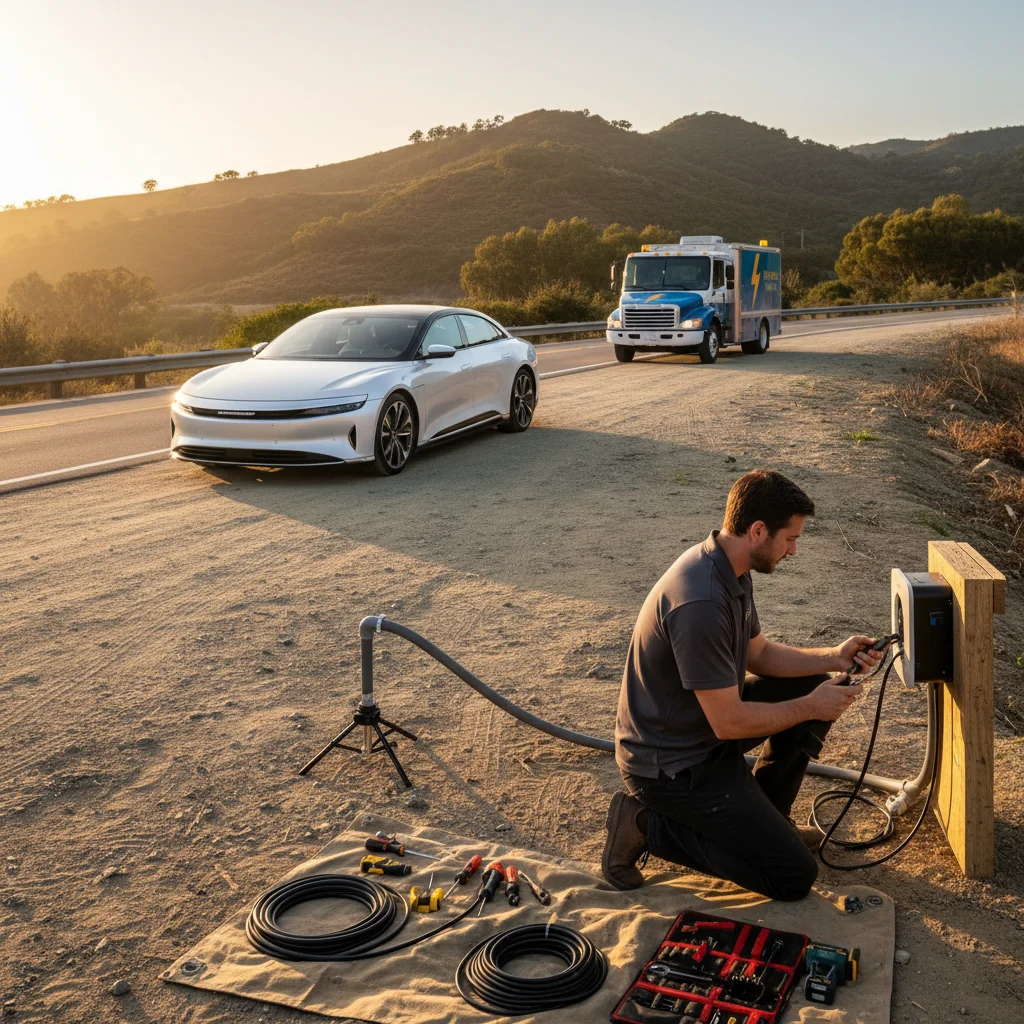An electric sedan stopped on a freeway shoulder beside dry open fields and a metal guardrail