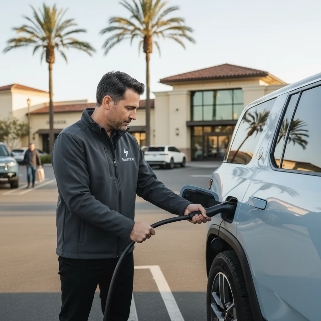 A technician plugging a mobile charger cable into an SUV in a shopping-center parking lot