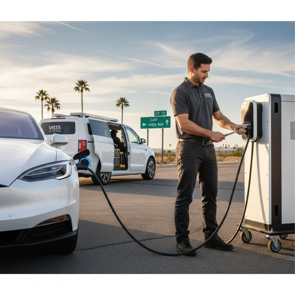 An EV on a highway shoulder with open hills behind as a mobile charging truck approaches