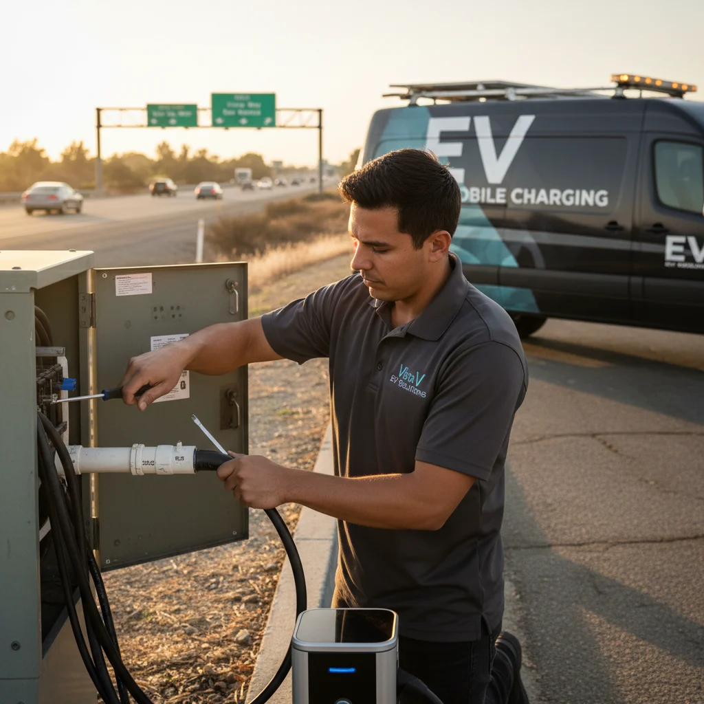 A technician connecting a charging cable to an EV on a residential street