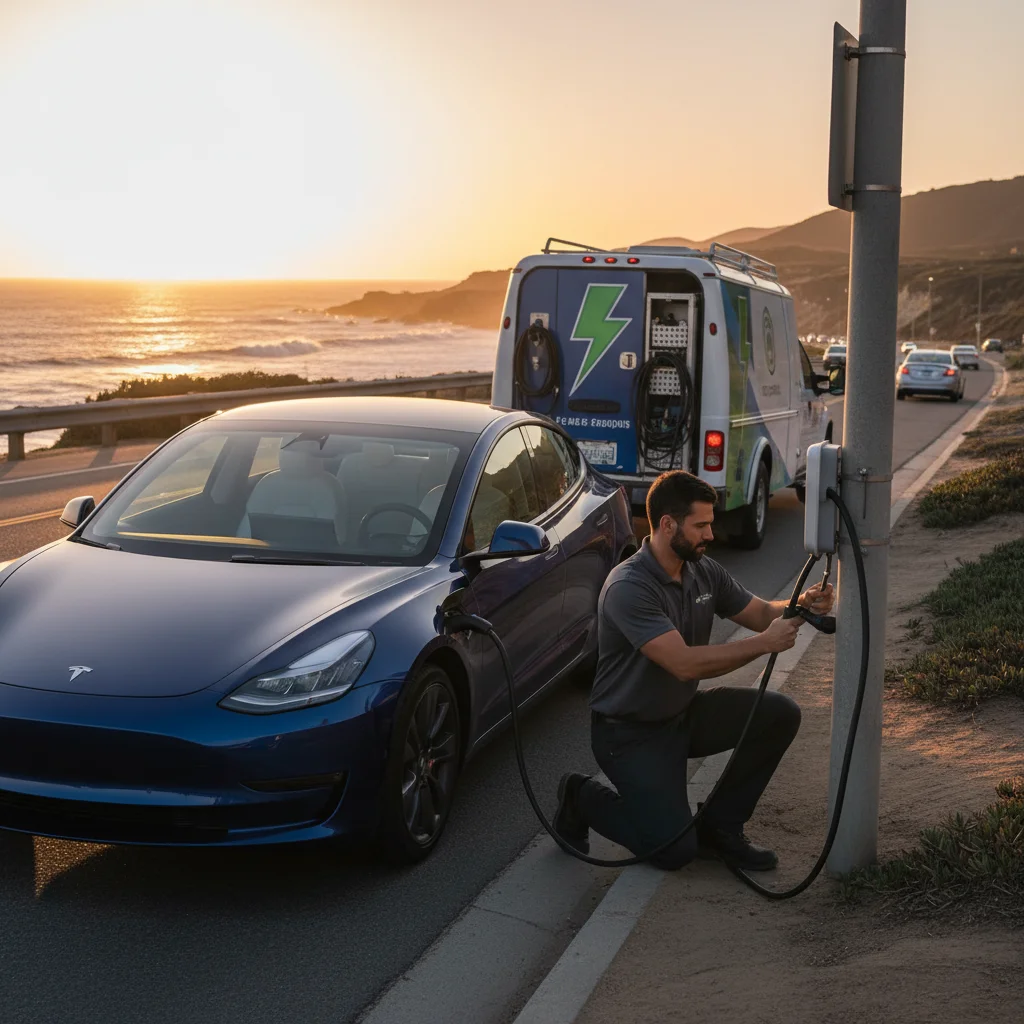 White electric sedan at a paved overlook at sunset as a service truck approaches