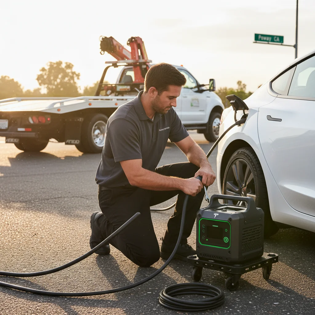 A technician plugging a CCS connector into an electric car at the roadside