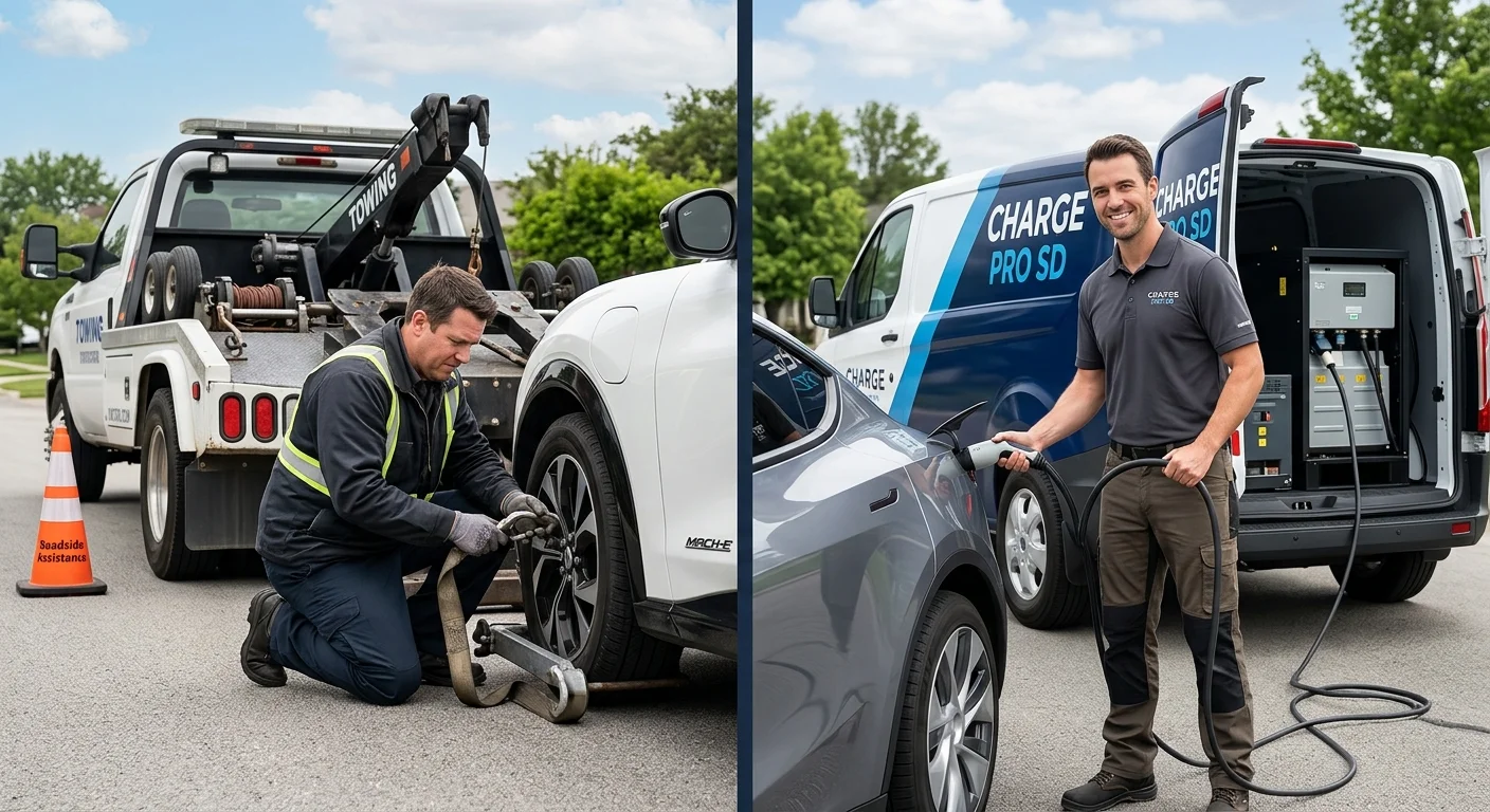 Split photo of a tow truck at an EV on the left and a van charging an EV on the right