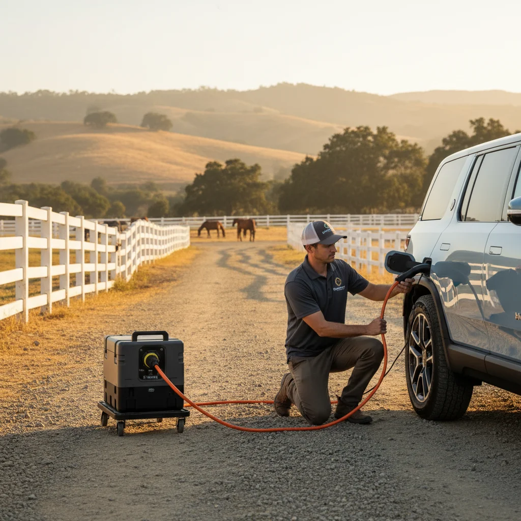 A technician plugging a portable charger into a Rivian on a rural driveway with horse fencing