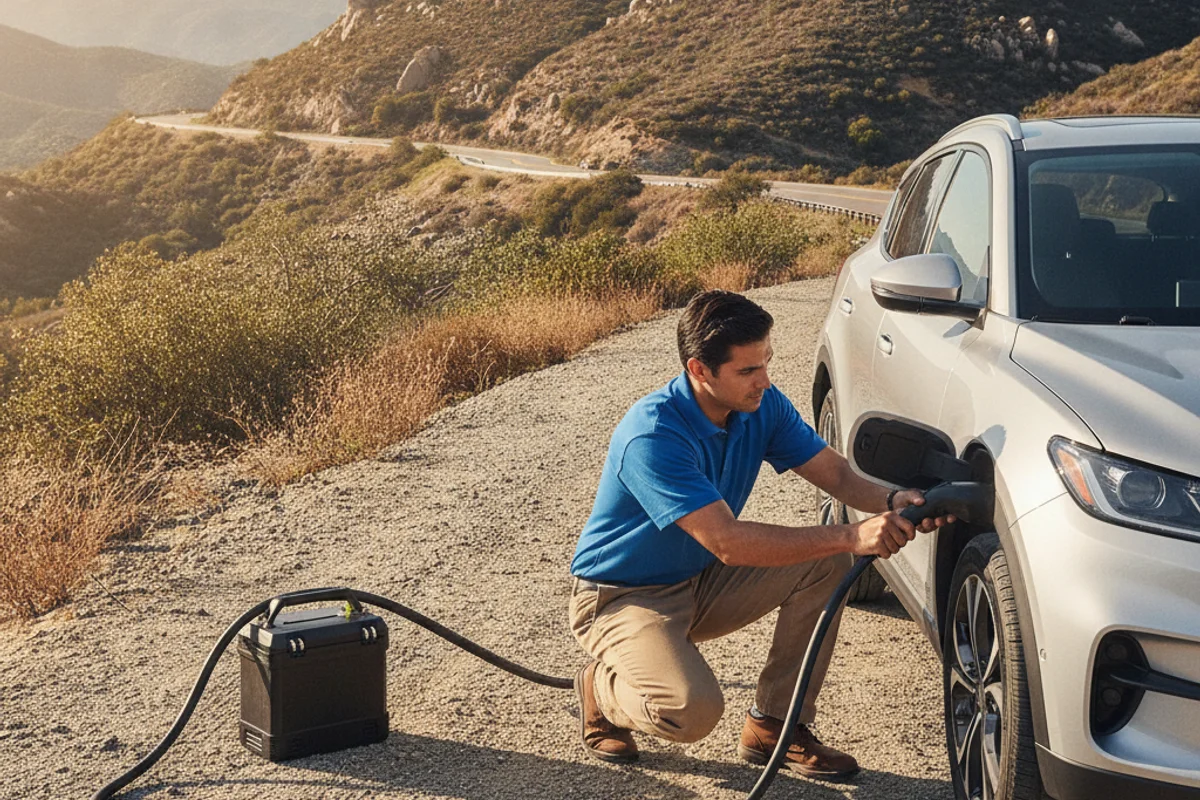 Technician plugging a portable charger into an electric SUV on a rural mountain road
