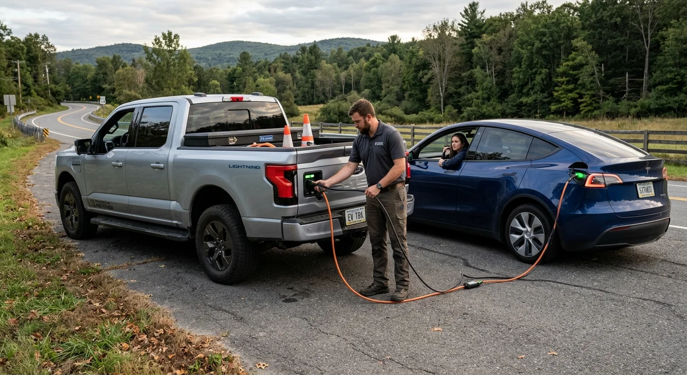 A Ford F-150 Lightning on a dry inland shoulder beside another EV, with a charging cable from the truck bed to the charge port