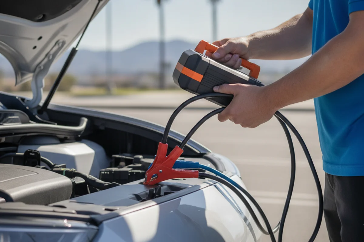 Technician clipping a portable jump pack onto low-voltage posts in an electric crossover's open front trunk