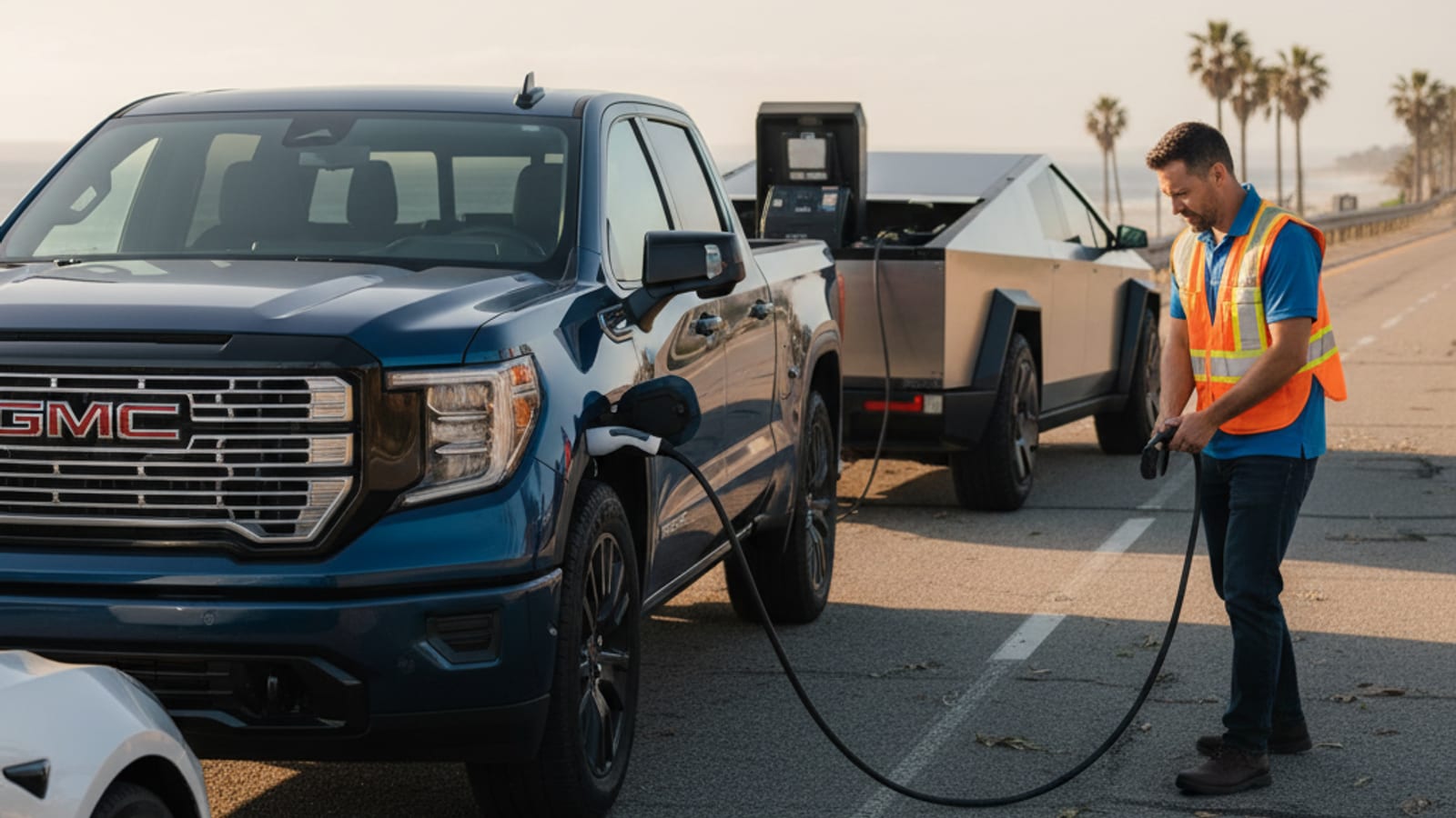 Electric pickup parked in a wide industrial lot under bright inland sun