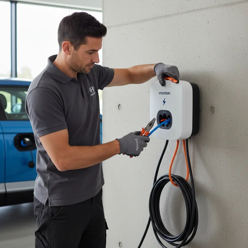 A wall-mounted 240-volt EV charger on a stucco garage in late afternoon sun