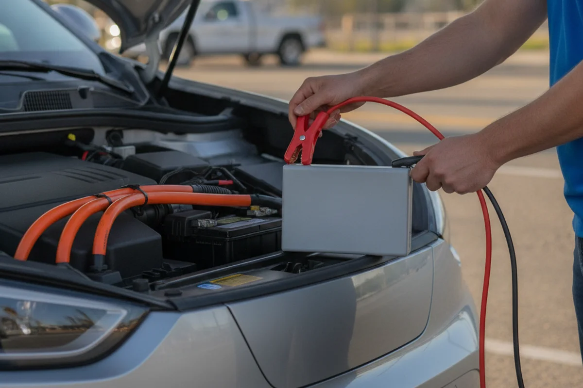 Jump-pack clamps on 12-volt terminals in an open EV front compartment, orange high-voltage cables visible