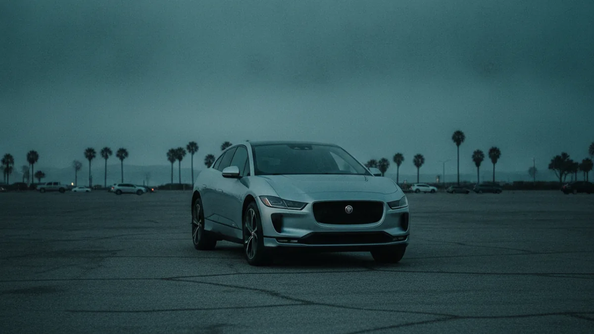 A dark Jaguar I-Pace electric SUV in a dim parking lot at dusk, with an unlit dashboard that suggests a dead 12-volt battery