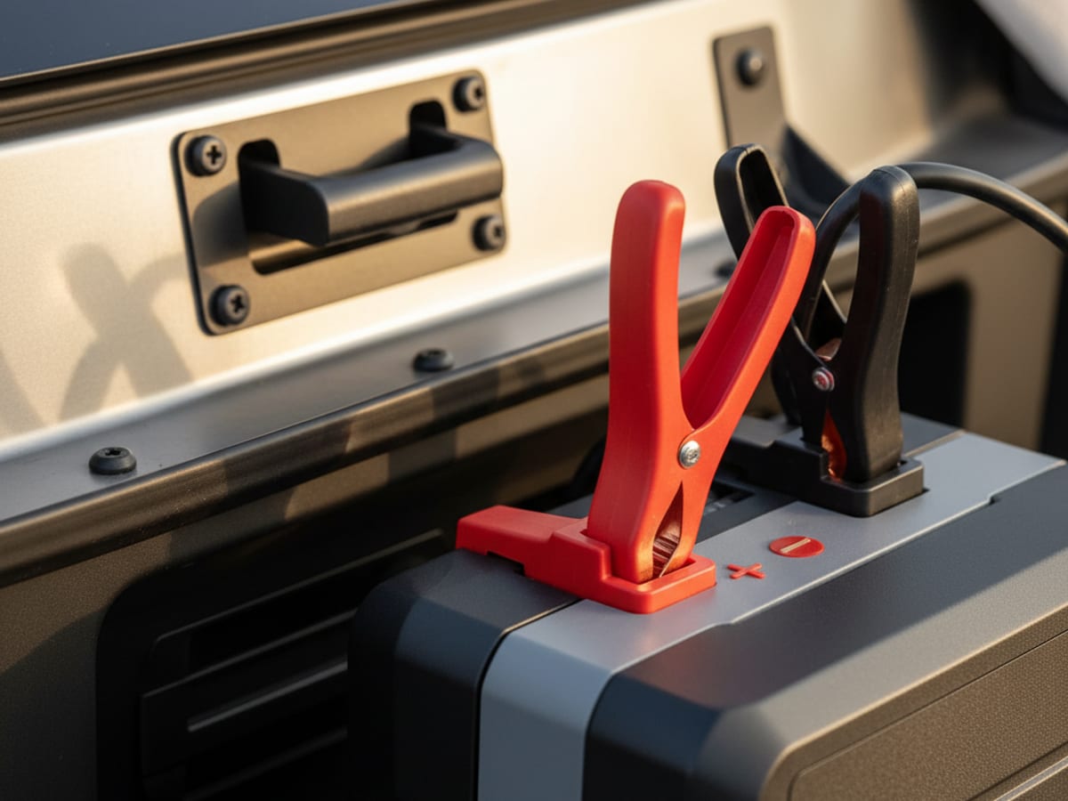 Red and black jumper leads clipped to a lithium jump pack with polarity labels visible