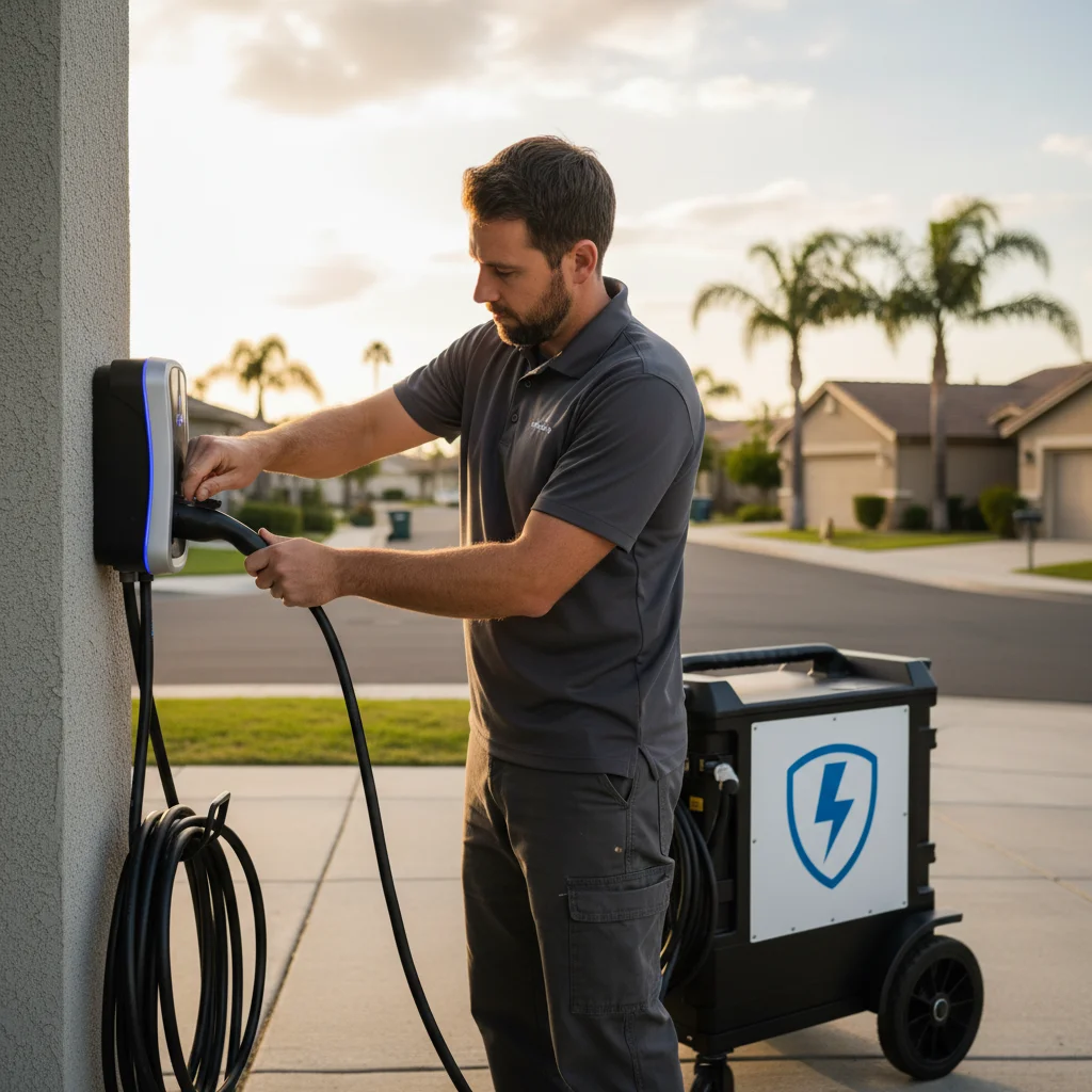 A portable charge cable plugged into an EV in a wide industrial parking lot