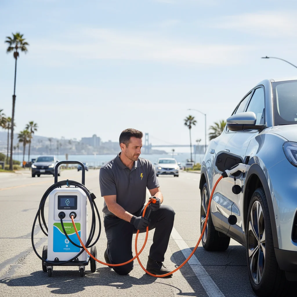 A mobile rescue van parked beside an electric car in a large outdoor destination parking lot