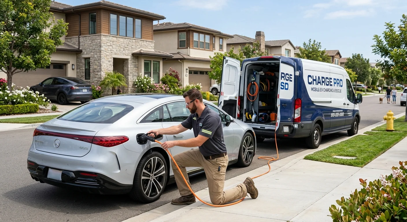 A luxury EV at a suburban curb taking a charge cable from a mobile rescue van