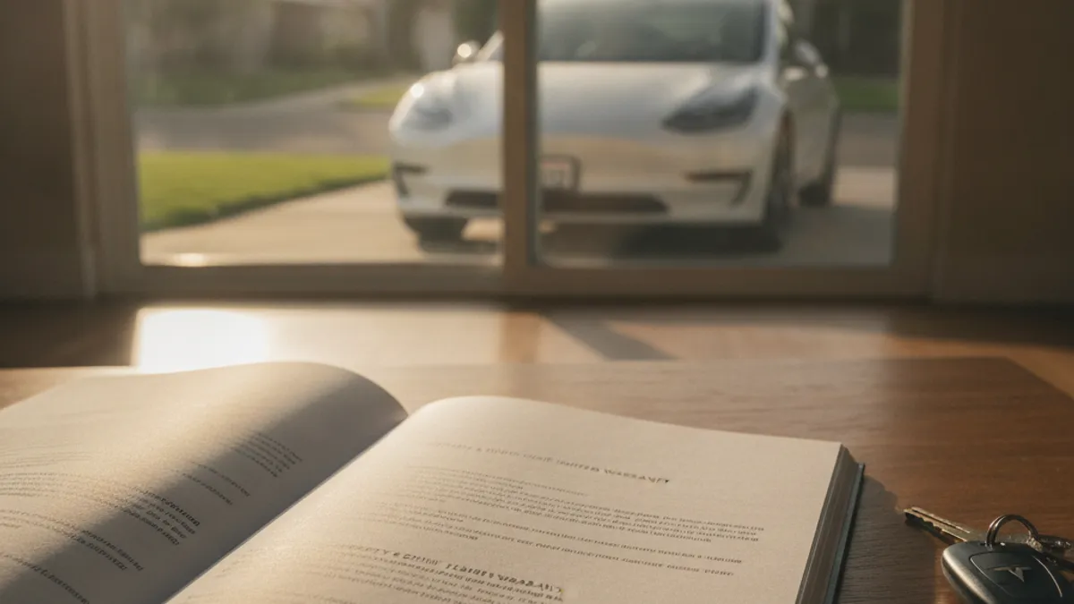 White Tesla in a sunlit suburban driveway beside an open owner's manual on the hood