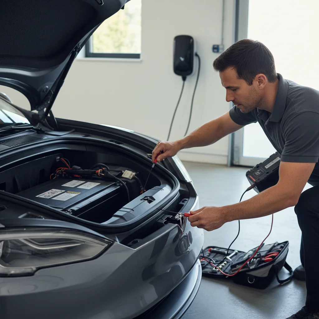 Open EV front trunk in bright inland sun with a small 12-volt battery under a cover