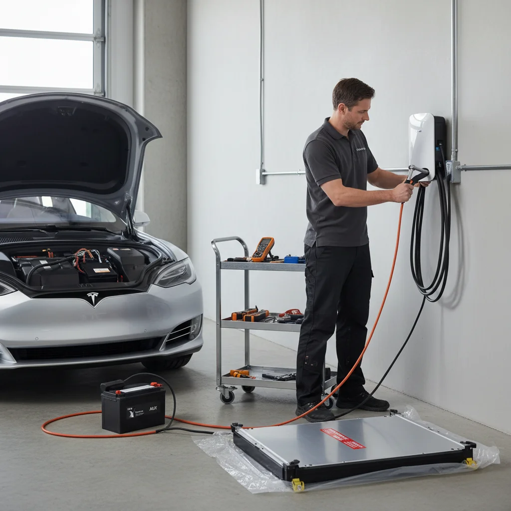 Parked Tesla with a dark cabin screen and flush door handles in a suburban driveway