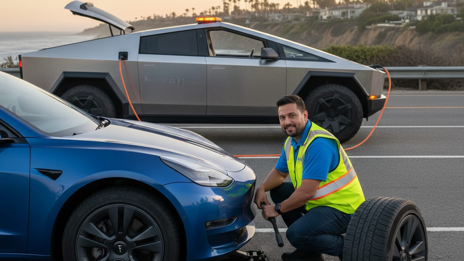 White Tesla on a wide inland freeway shoulder with a flat rear tire and dry hills past the barrier