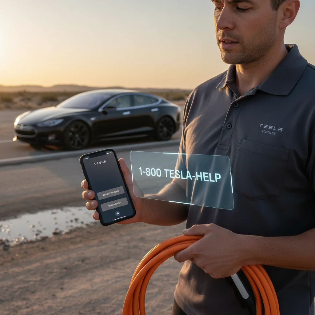 Split photorealistic view of a phone call screen beside a Tesla app roadside assistance menu