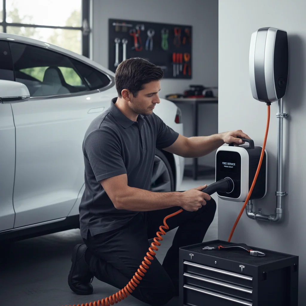 Open Tesla charge port and a coiled Level 2 cable on a dry inland roadside with brown hills behind