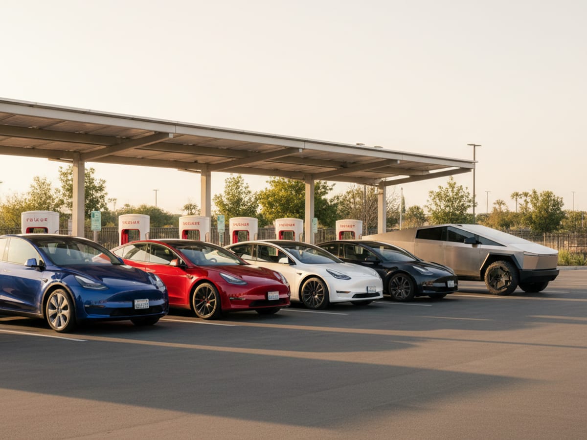 Teslas occupying Supercharger stalls in a sunlit parking lot, with more cars waiting in the drive aisle