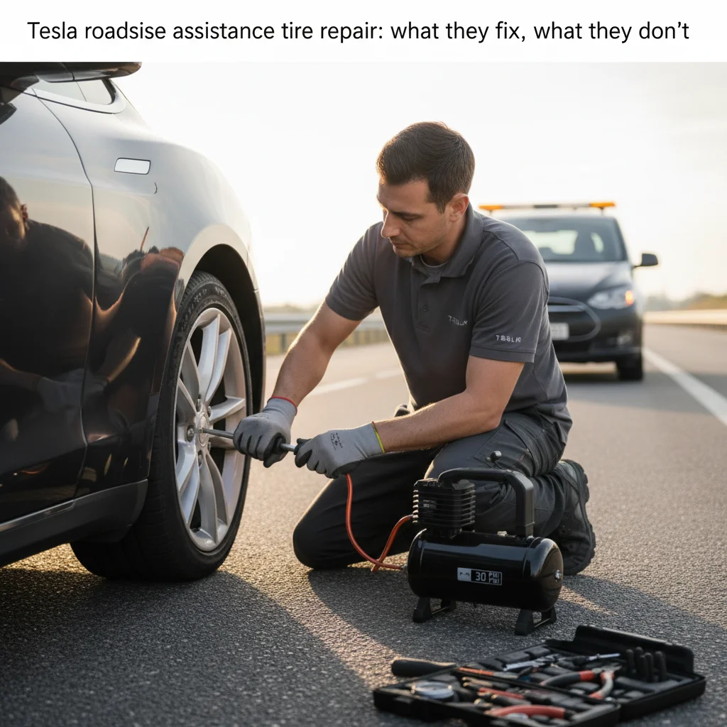 Close view of an EV wheel and tire on pavement beside a small portable inflator, no people