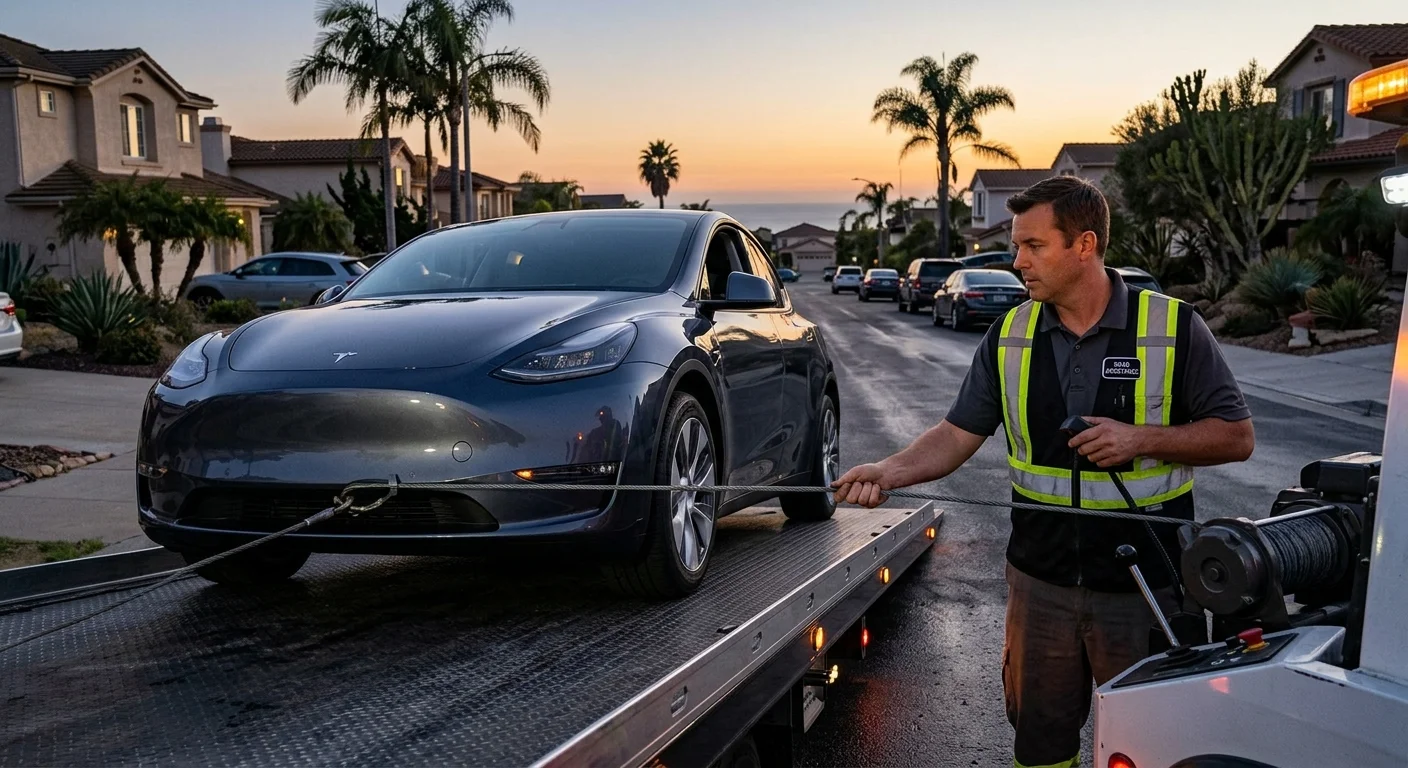 A Tesla Model Y being winched onto a flatbed at dusk, wheels pointed straight, a technician guiding the cable