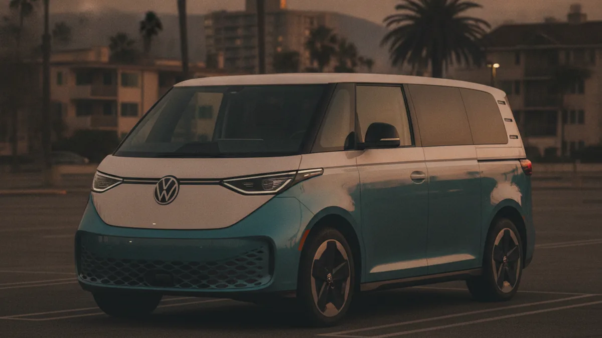 A VW ID.Buzz electric van in a sunny Southern California lot with a dark, unlit dashboard
