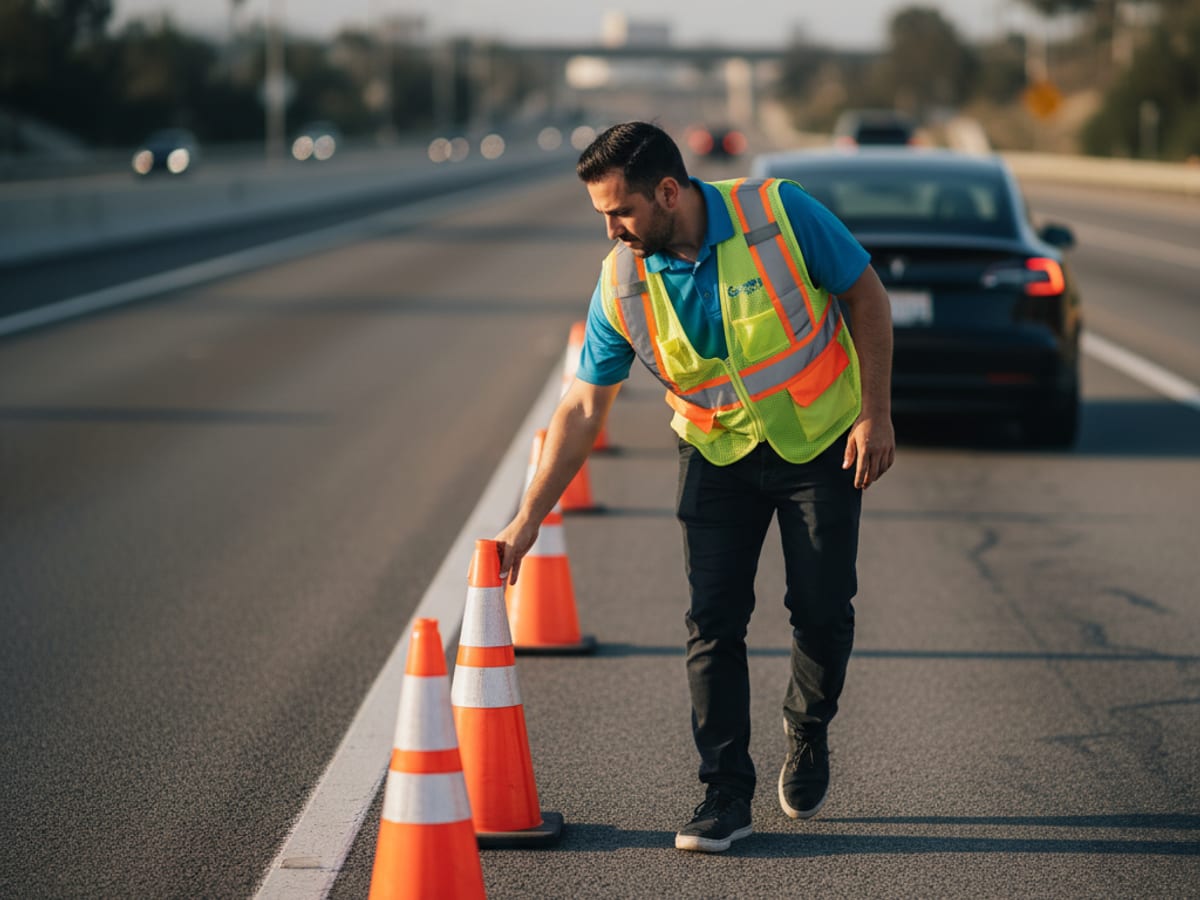 A mobile EV rescue technician in an electric-blue polo deploying orange safety cones on an Inland Empire freeway shoulder beside a stranded Tesla