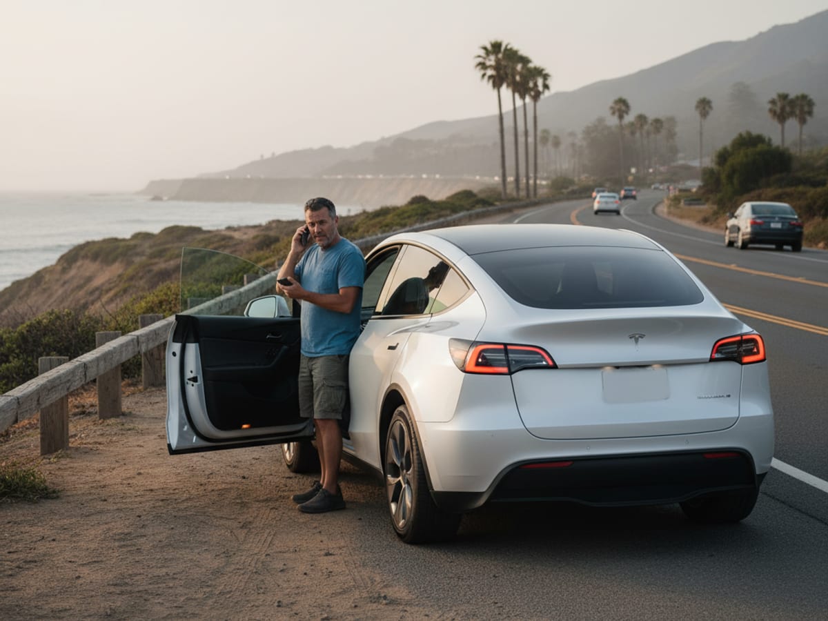 A mobile EV rescue technician connecting a NACS charging cable to a stranded Tesla Model Y charge port on an Inland Empire street
